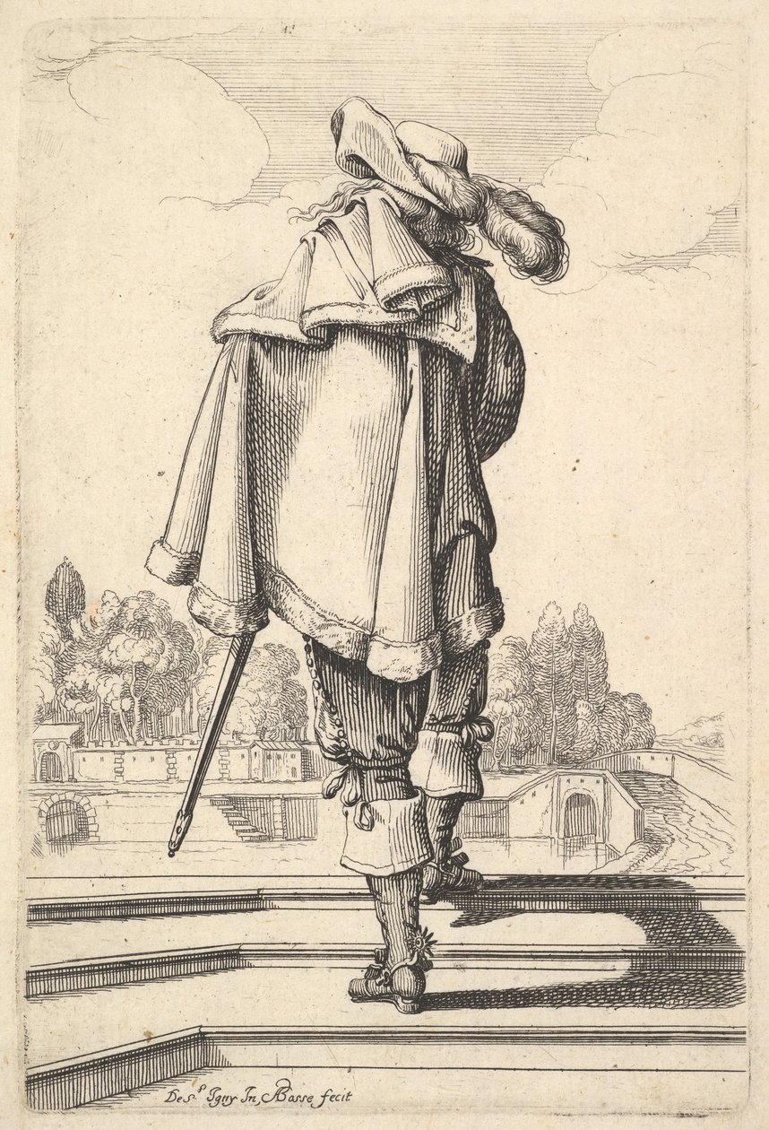 Sol omzunun üzerinde bir pelerin ile korkuluktan yukarı yürüyen arkadan görülen bir beyefendi..., 1629. by Abraham Bosse