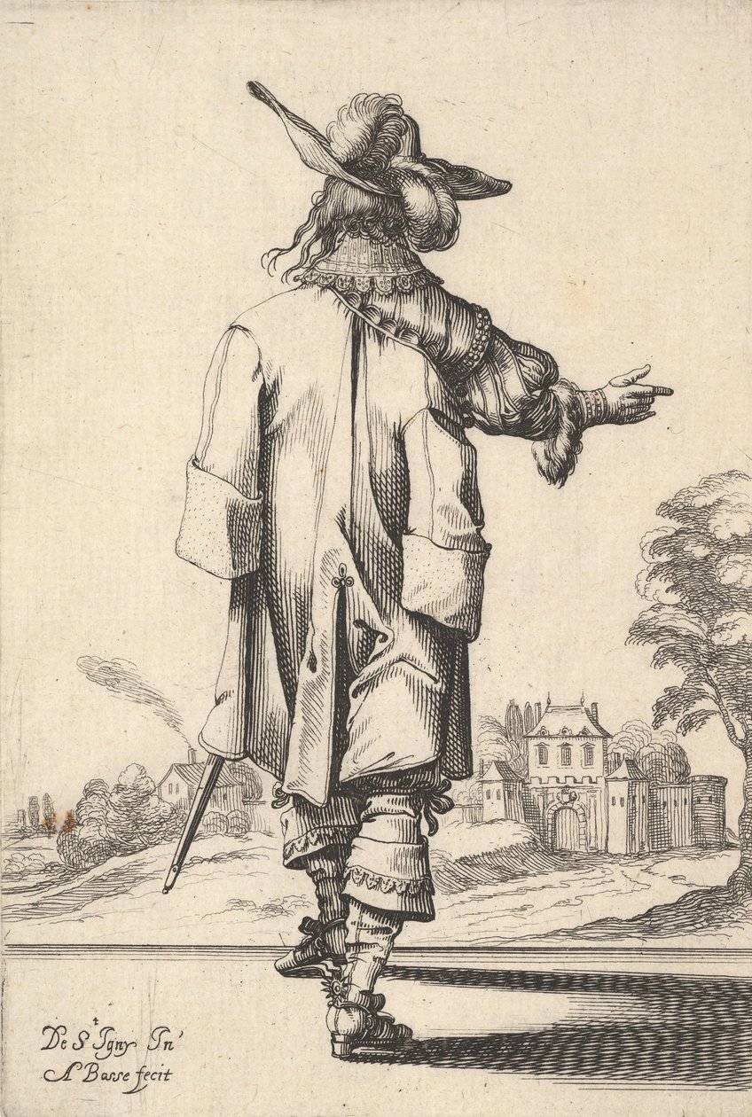 Sağ kolu uzanmış ve sol kolunun üzerinde bir pelerin ile arkadan görülen bir beyefendi..., 1629. by Abraham Bosse