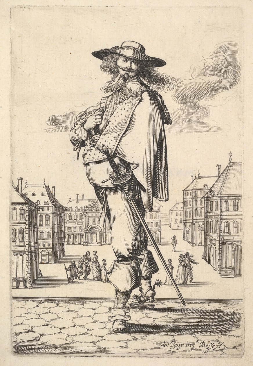 Bir beyefendi, dörtte üçü sola döndü, şapkası ve mahmuzlu çizmeleri giyiyor, taşımalı..., 1629. by Abraham Bosse
