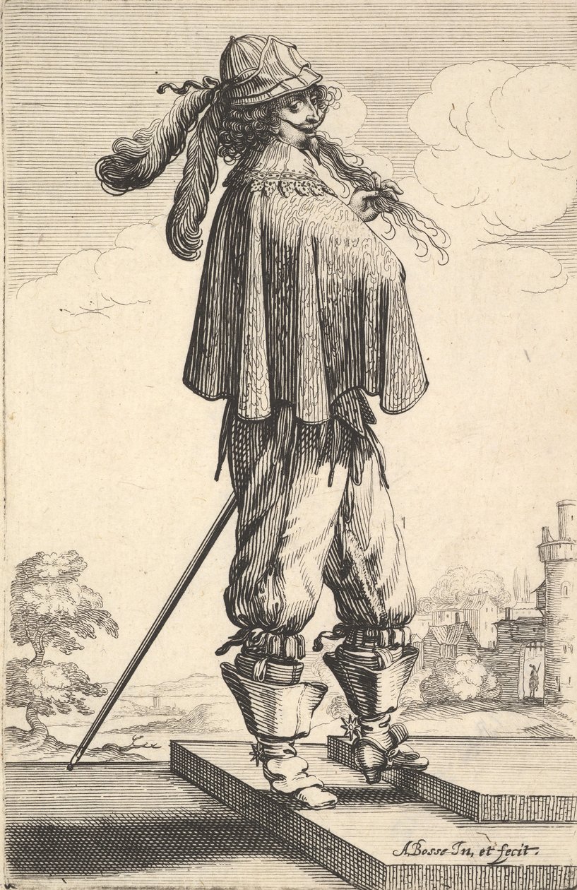 Kısa bir palto, miğfer ve mahmuzlu çizmeler giyen bir beyefendi, merdivenlerde duruyor ve..., 1629. by Abraham Bosse