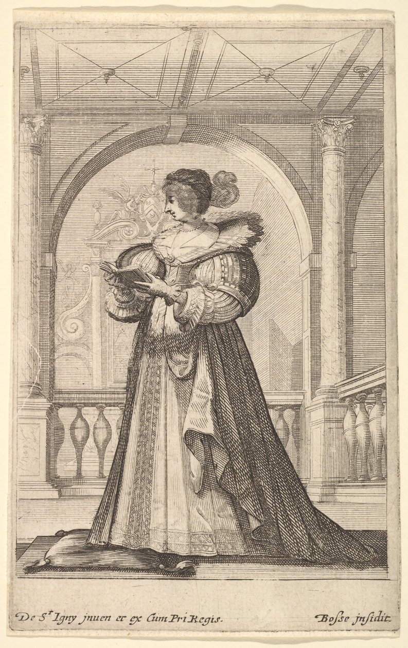 Ayakta duran, profilden sola bakan, şapkalı ve dantel yakalı bir kadın, kitap okuyor..., yakl. 1629. by Abraham Bosse