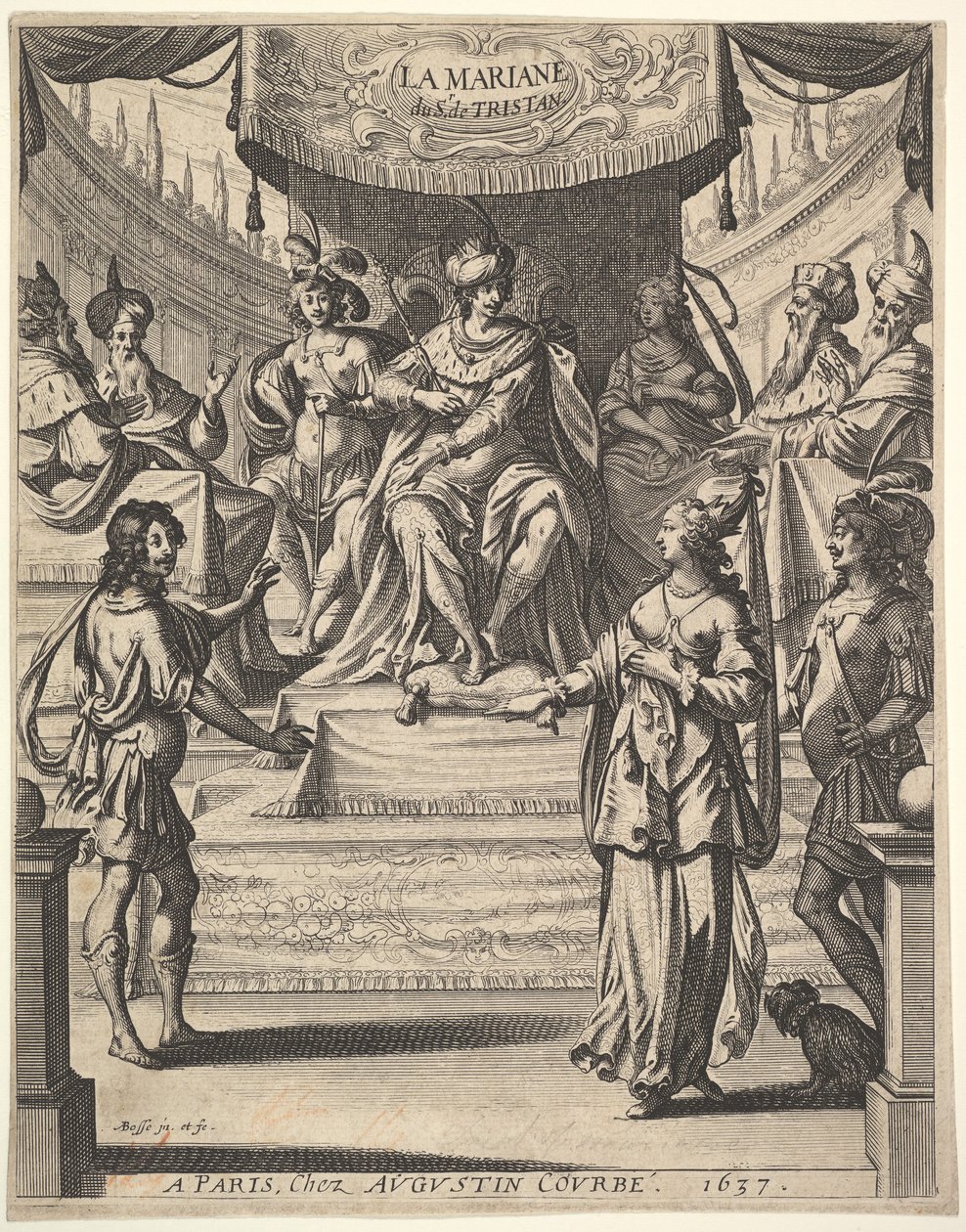 Tristan LHermite için kapak resmi: Herod ve mahkemesinin hemen önünde duran Marianne..., 1637. by Abraham Bosse