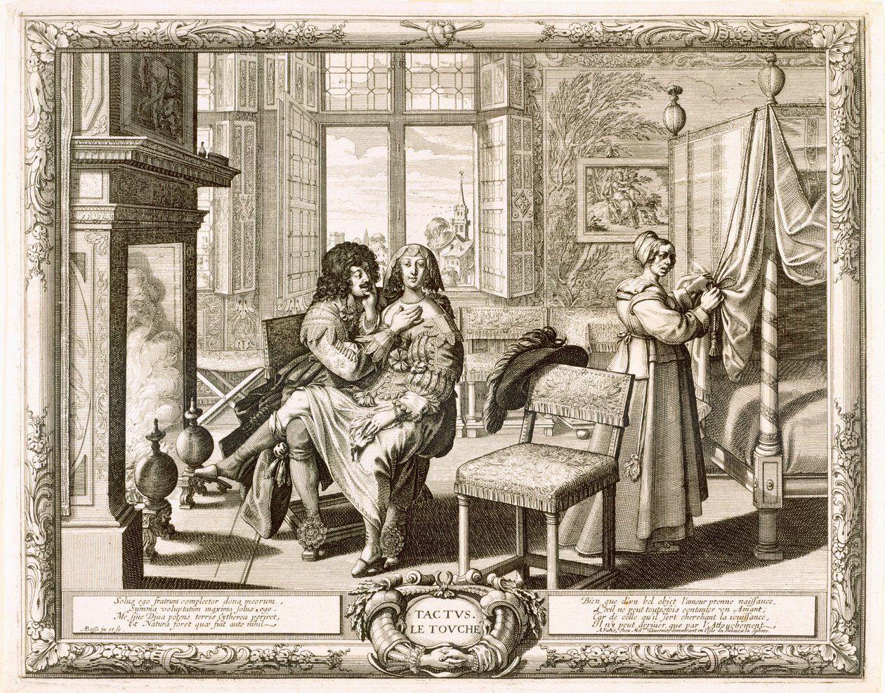 Şöminenin yanında diz çökmüş karısı olan koca, Bosse, Abraham (1602-76) by Abraham Bosse