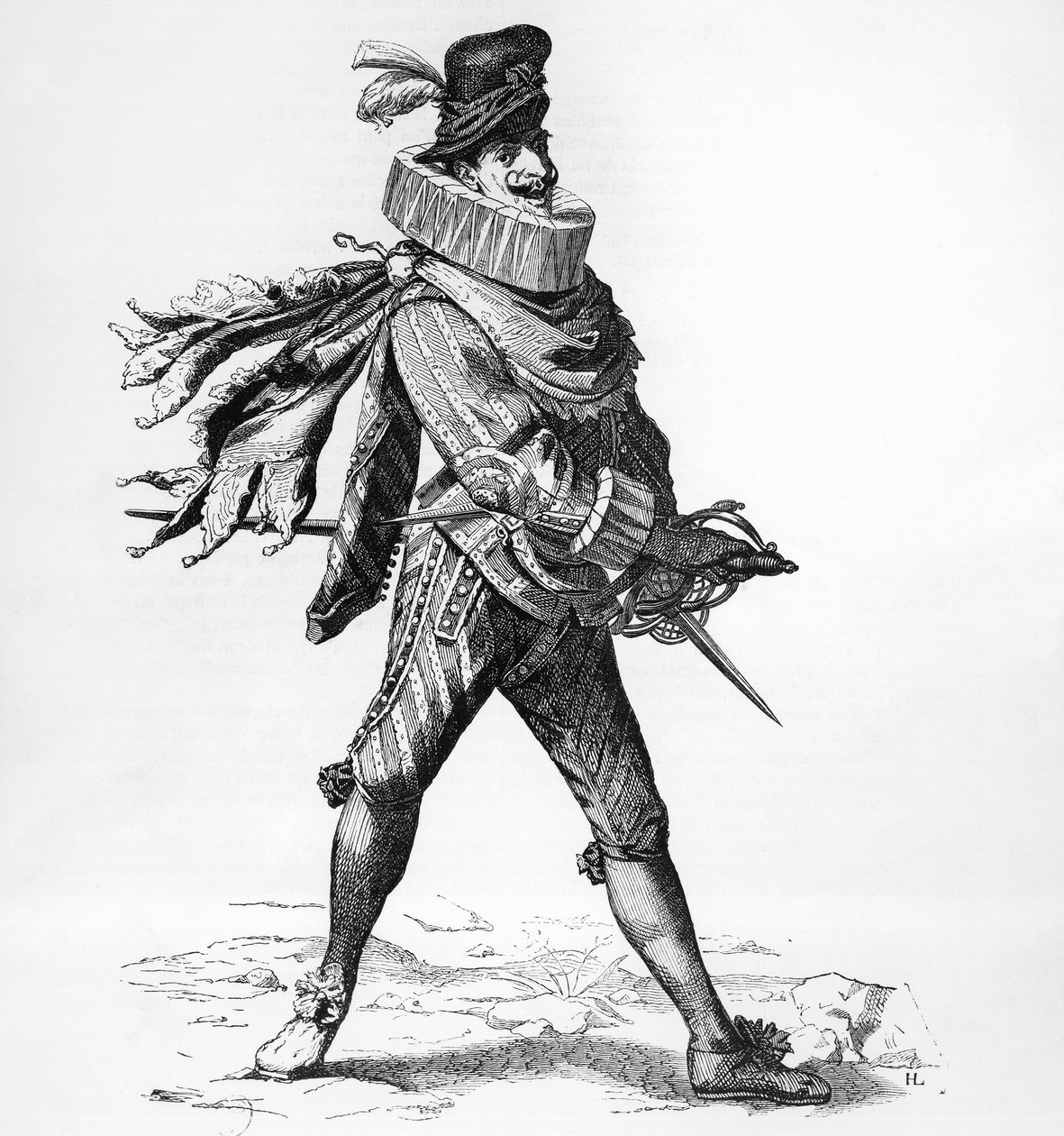 Silvio Fiorillo'nun Portresi (17. yüzyıl), İtalyan Commedia dell'Arte aktörü, Kaptan Matamoros gibi giyinmiş, Abraham Bosse'nin gravürü (1602-1676) by Abraham Bosse
