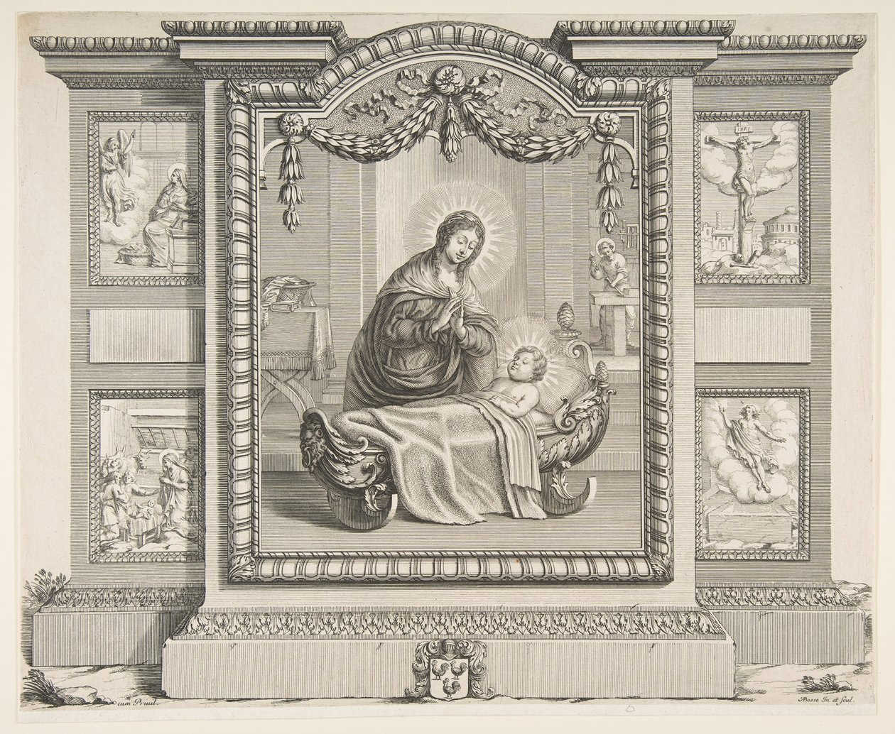 Müjde Sahneleri ile Doğuş, Çobanların Tapınması, Haç..., 1620-76. by Abraham Bosse