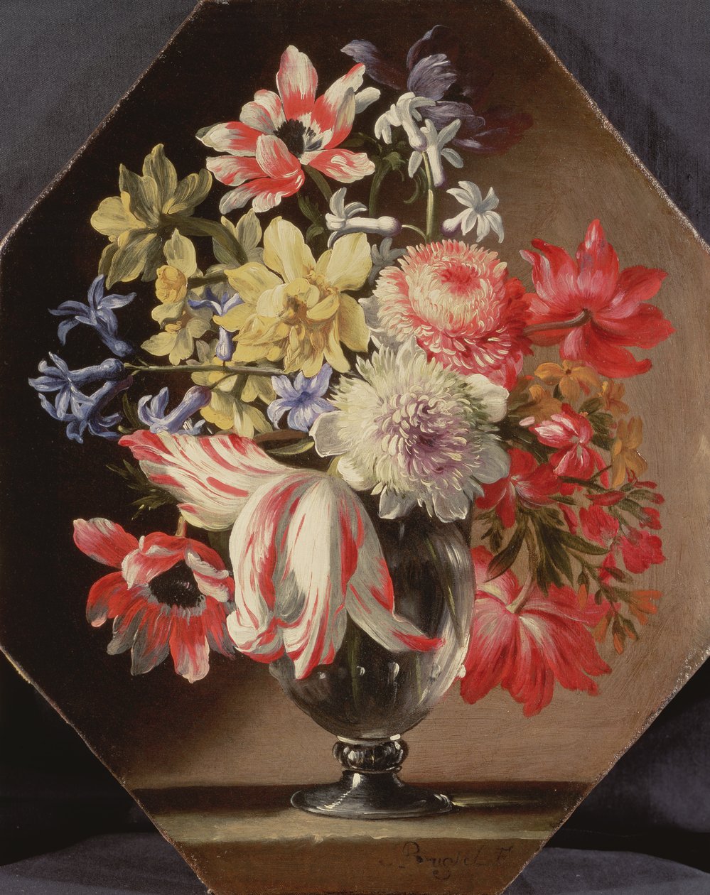 Laleler, Krizantemler, Güller ve Bluebells İçeren Taş Çıkıntılı Cam Vazoda Çiçekler by Abraham Brueghel