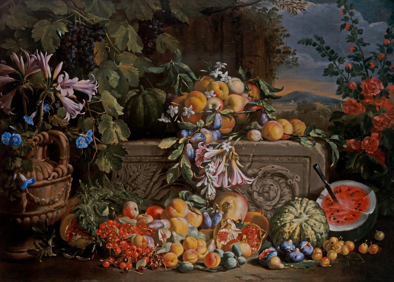 Kiraz, Karpuz, Şeftali, Kayısı, Erik, Nar ve Figürlü Natürmort by Abraham Brueghel