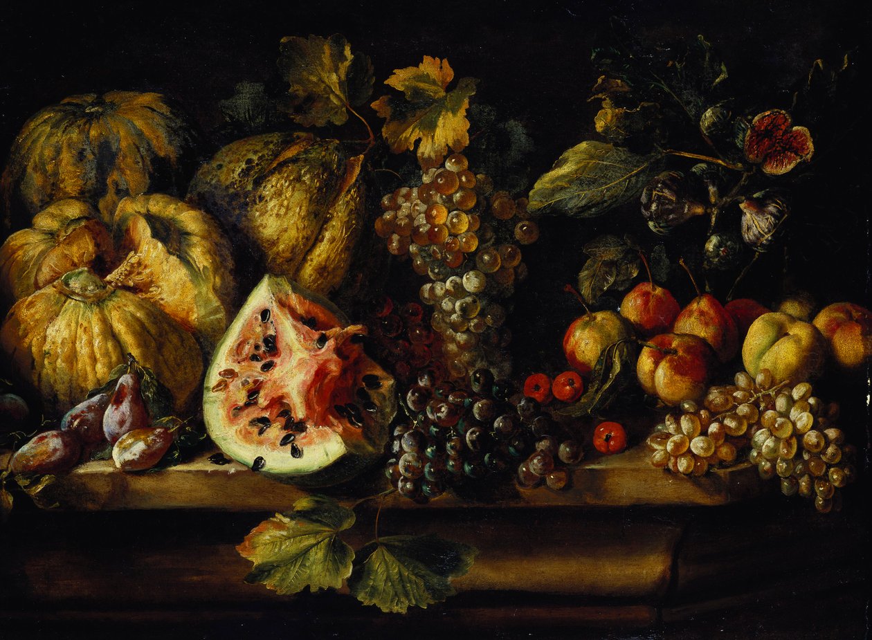 Bir Kenarda Karpuz, Üzüm, Erik, Şeftali, Kiraz ve Diğer Meyvelerin Natürmortu by Abraham Brueghel