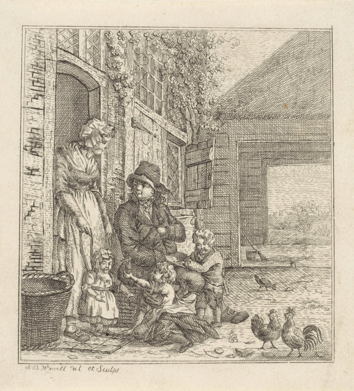 Erkek ve kadın bir kapıda çocuklu by Abraham Bruinings Worrel