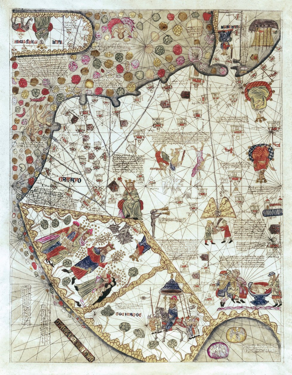 Çin Haritası (Cathay), küçük sahnelerin açıklamaları, krallıkların her seferinde temsil edilen egemenliğiyle sınırlandırılması by Abraham and Cresques Jehuda Cresques