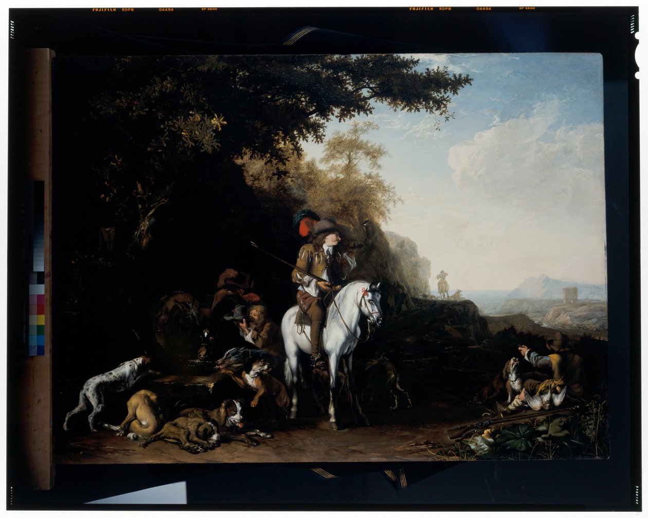 Bir su oluğunun yanında dinlenen bir av partisi ve bir sporcunun atış yaptığı geniş bir manzara by Abraham Danielsz. Hondius