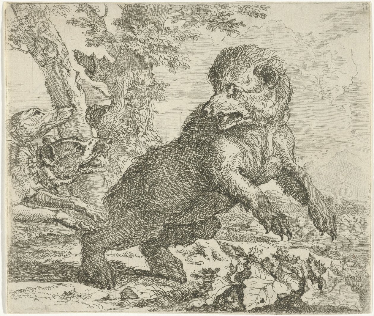 Köpeklerin saldırısına uğrayan ayı Farklı hayvanlar (dizi başlığı) by Abraham Danielsz. Hondius