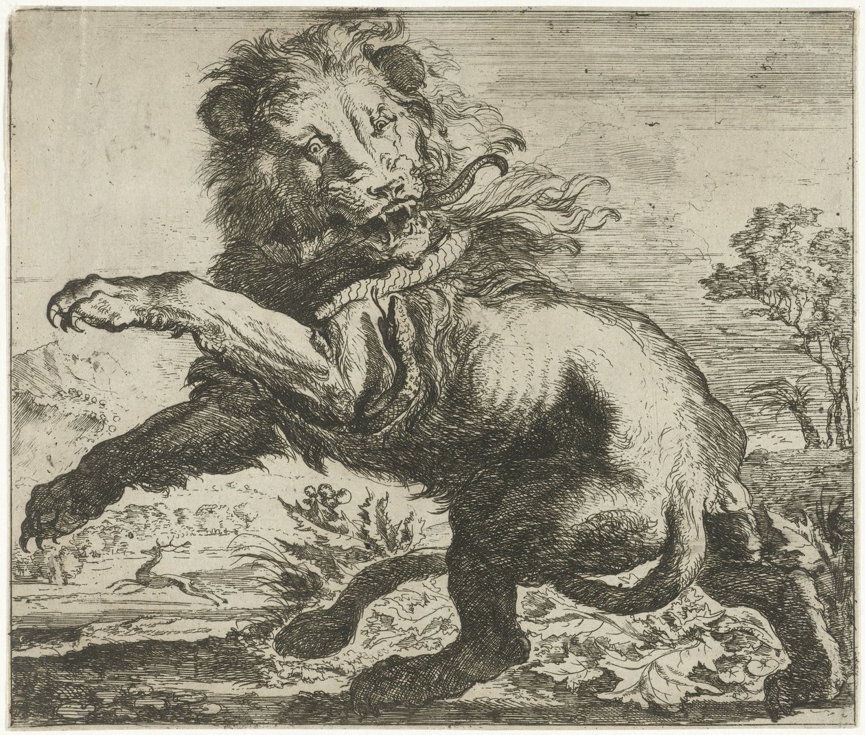 Aslan ve yılan dövüşü Farklı hayvanlar (dizi başlığı) by Abraham Danielsz. Hondius