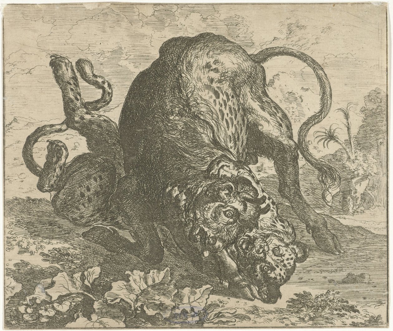 leopar ve boğa Farklı hayvanlar (dizi başlığı) by Abraham Danielsz. Hondius