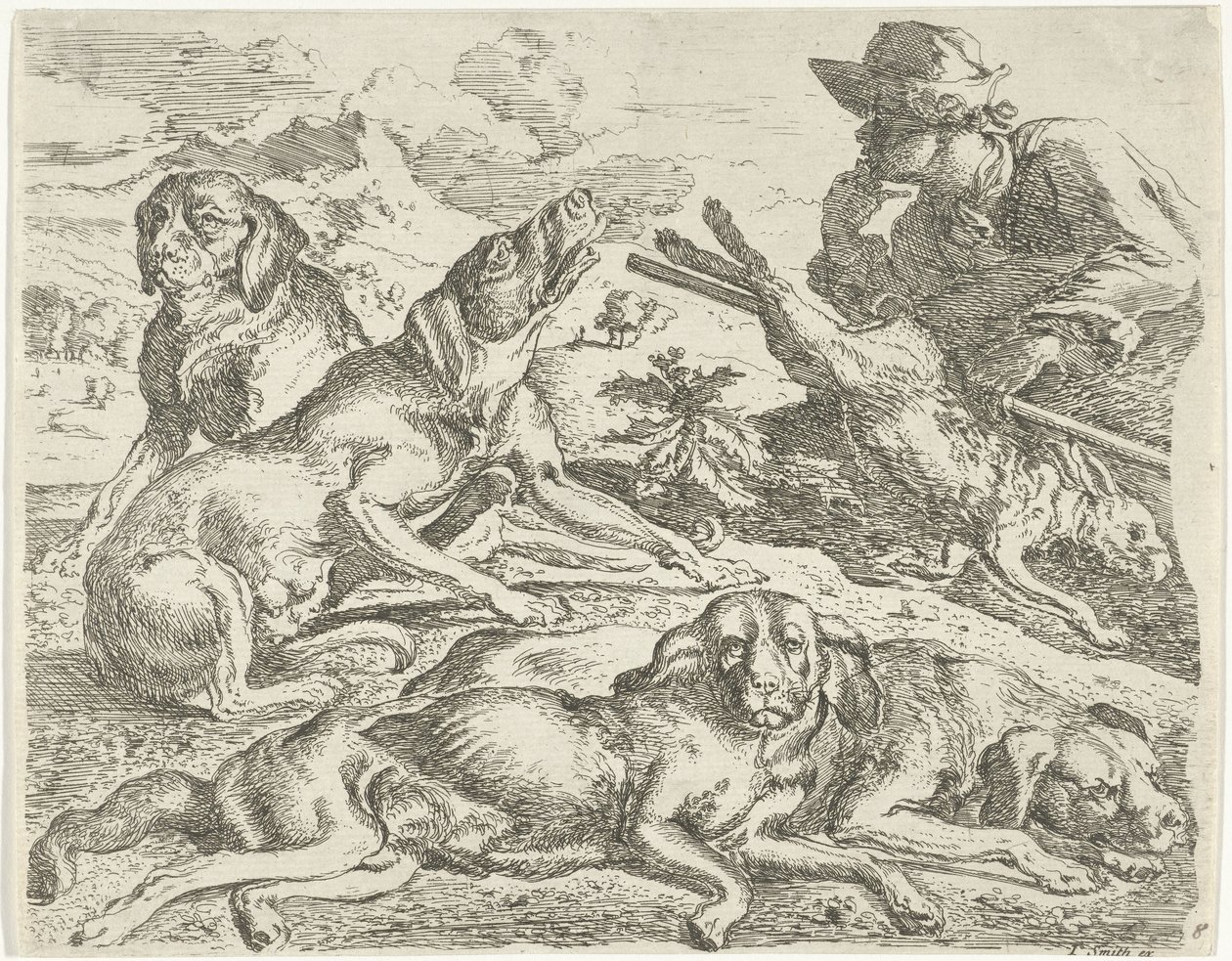 Dört köpek, bir avcı ve bir tavşan by Abraham Danielsz. Hondius