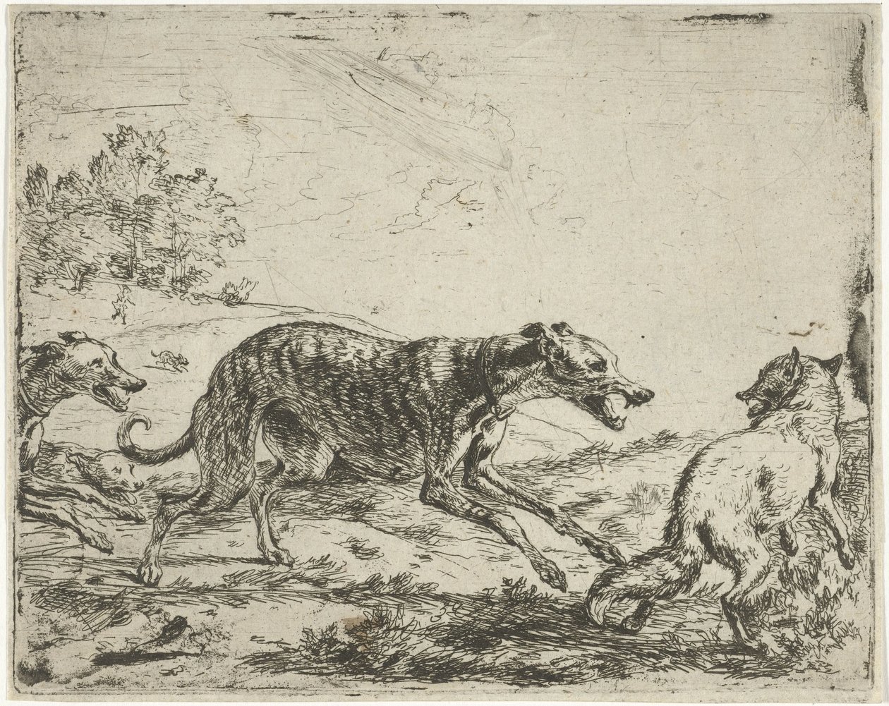 Fox ve üç köpek by Abraham Danielsz. Hondius