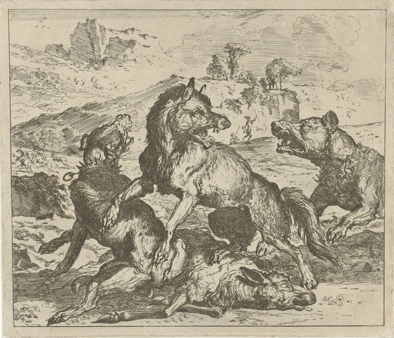 Köpeklerin saldırısına uğrayan kurt Farklı hayvanlar (dizi başlığı) by Abraham Danielsz. Hondius