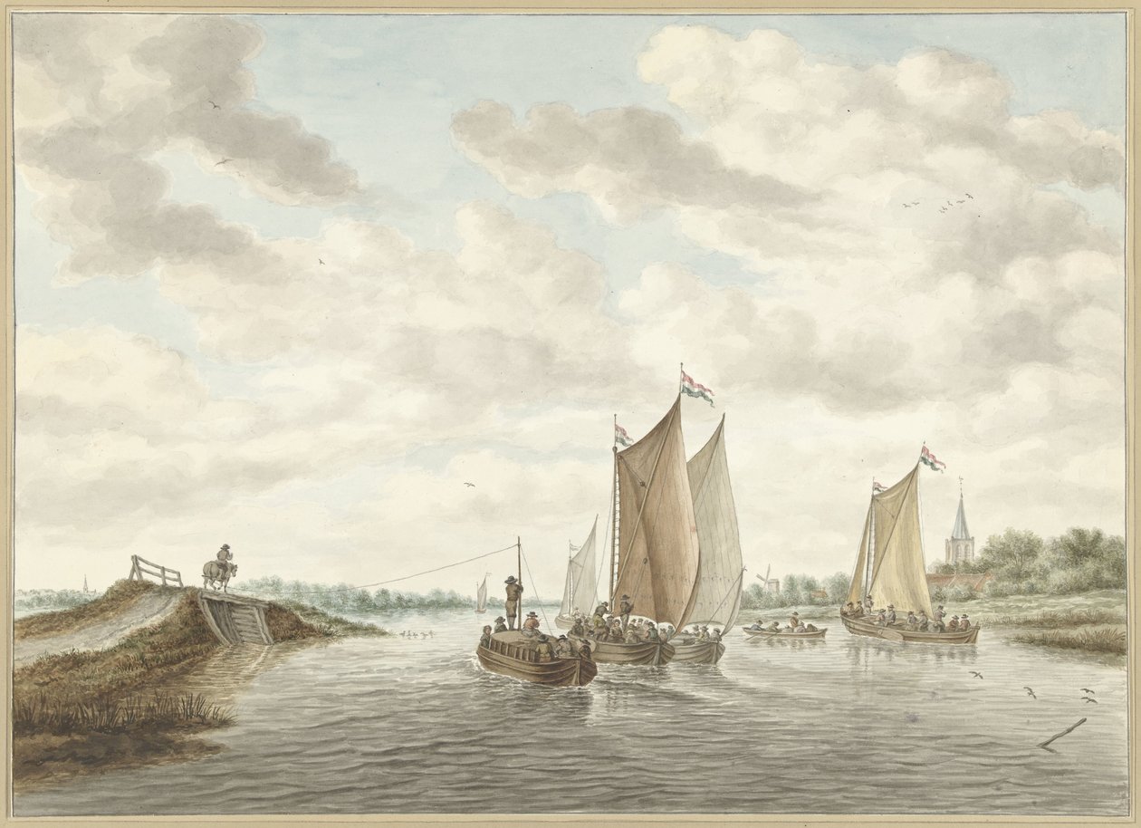 Farklı mavnalar ile nehir manzarası by Abraham Delfos