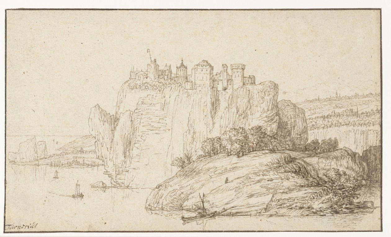 Bir nehir manzarasında bir kayanın üzerinde kale by Abraham Furnerius