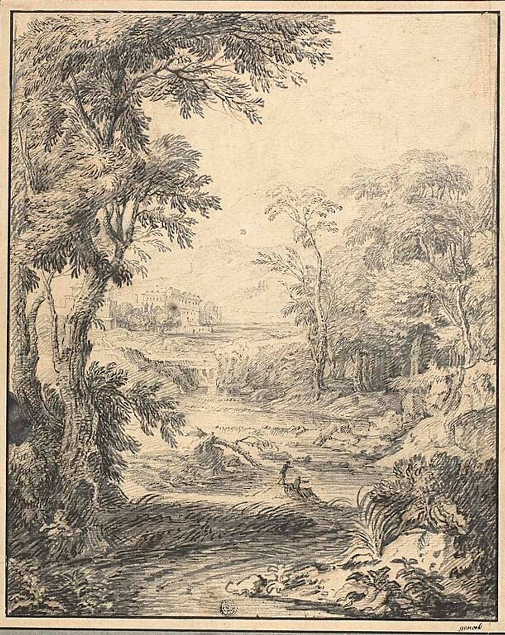 Ön Planda İki Figürlü Nehir Manzarası, Uzakta Kale by Abraham Genoels II
