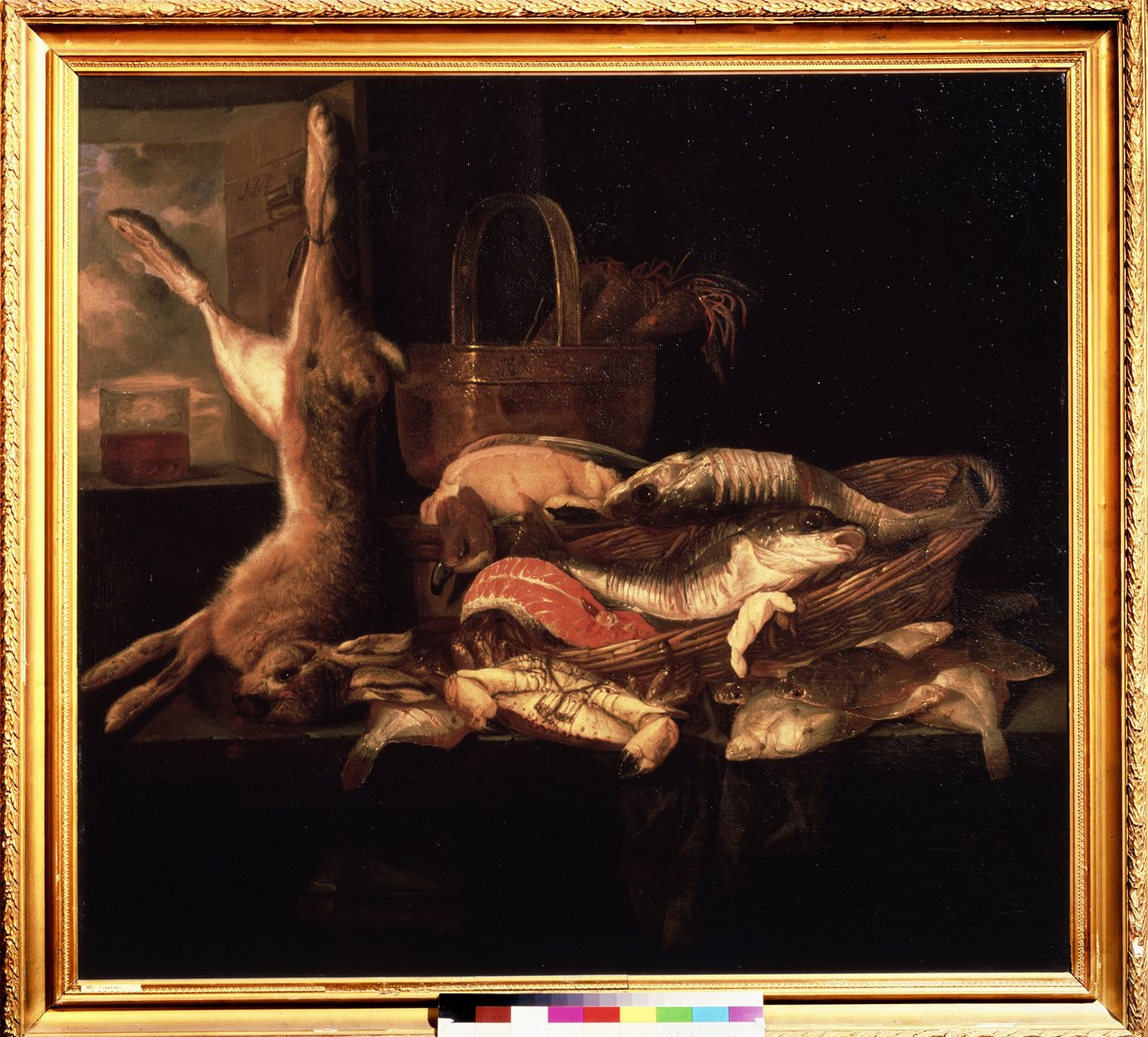 "Balıklarla Natürmort ve Ölü Bir Tavşan" tablosu Abraham Hendricksz van Beyeren (1620/21-1690) (ec. holl.) 17. yüzyıl Puşkin Müzesi, Moskova by Abraham Hendricksz van Beyeren