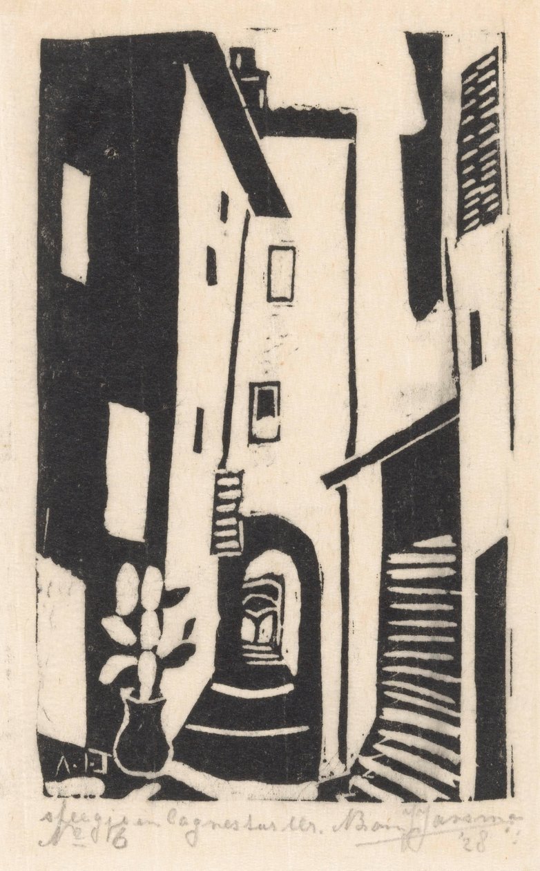 Cagnes-sur-Mer'deki Cagnes-sur-Mer Alley'de merdivenli sokak görünümü (nesnedeki başlık) by Abraham Johannes Jansma (signed by artist)