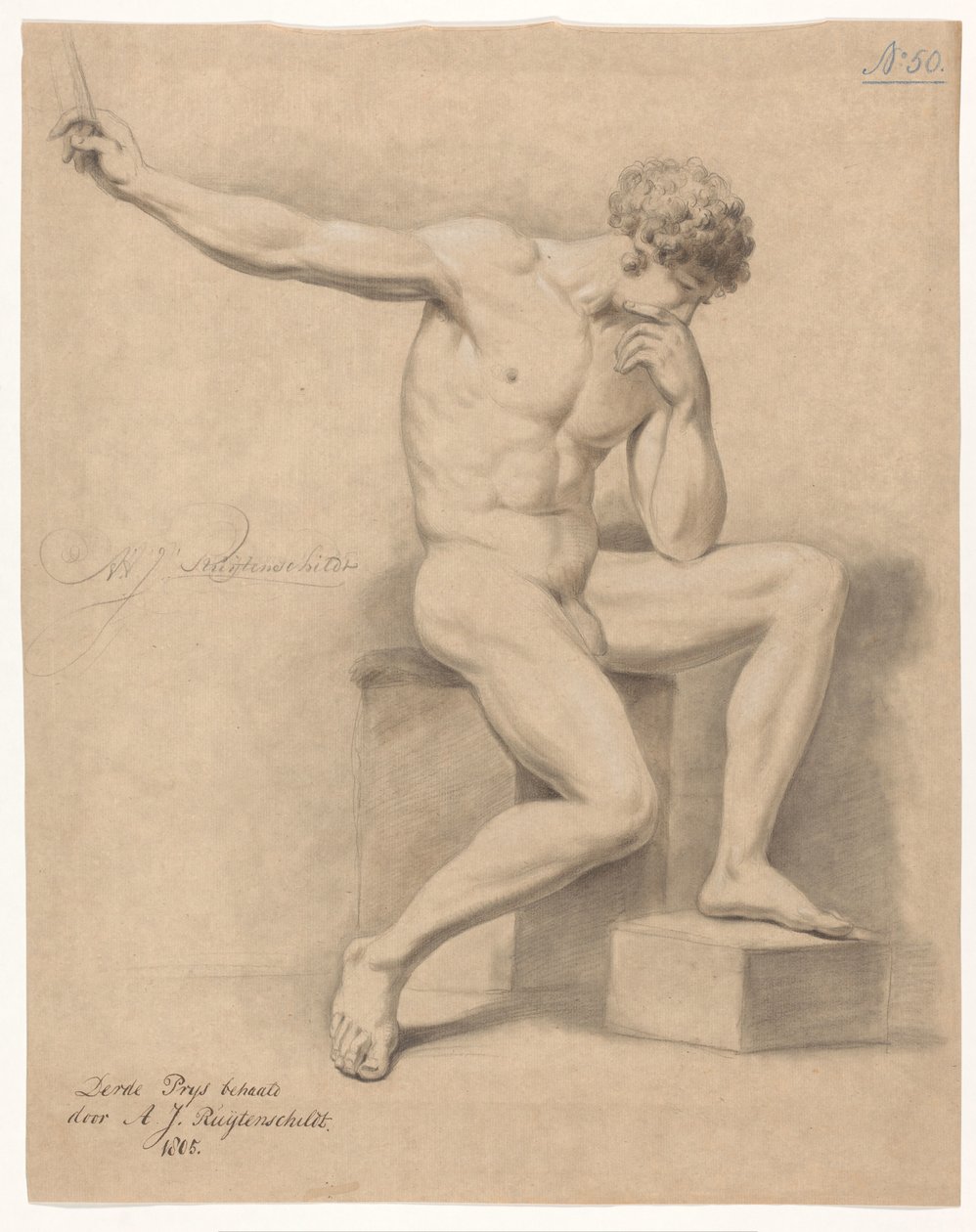 Oturan Erkek Çıplak, Önden Görünüm (3. Ödül 1805) by Abraham Johannes Ruytenschildt