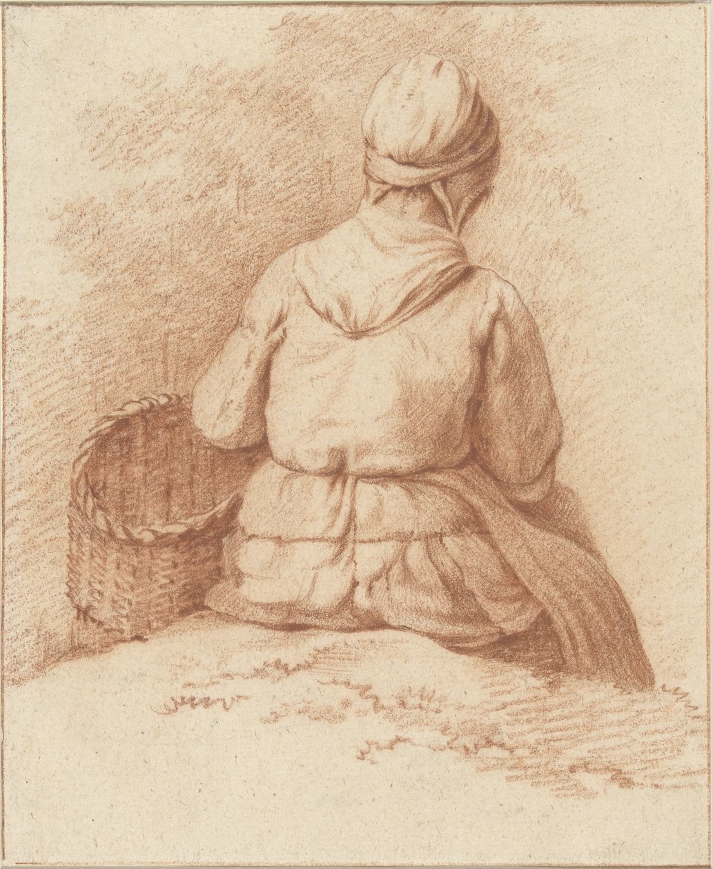 Kolunda sepetle oturan balıkçı, arkadan görülüyor by Abraham Johannes Ruytenschildt