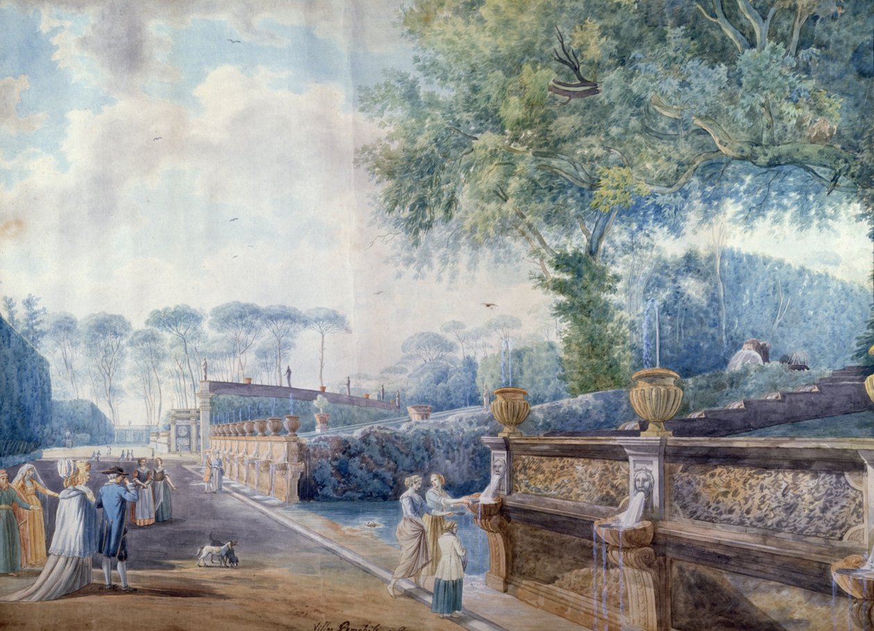 Palazzo Doria Pamphilj Bahçeleri, Roma (kalem, mürekkep ve sulu boya) by Abraham L. Rudolph (attr. to) Ducros