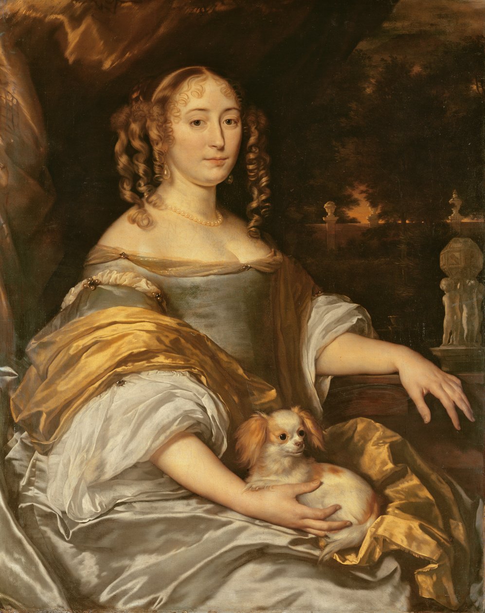 Lapdog ile mavi elbiseli genç bir bayan portresi by Abraham Lambertsz van den Tempel