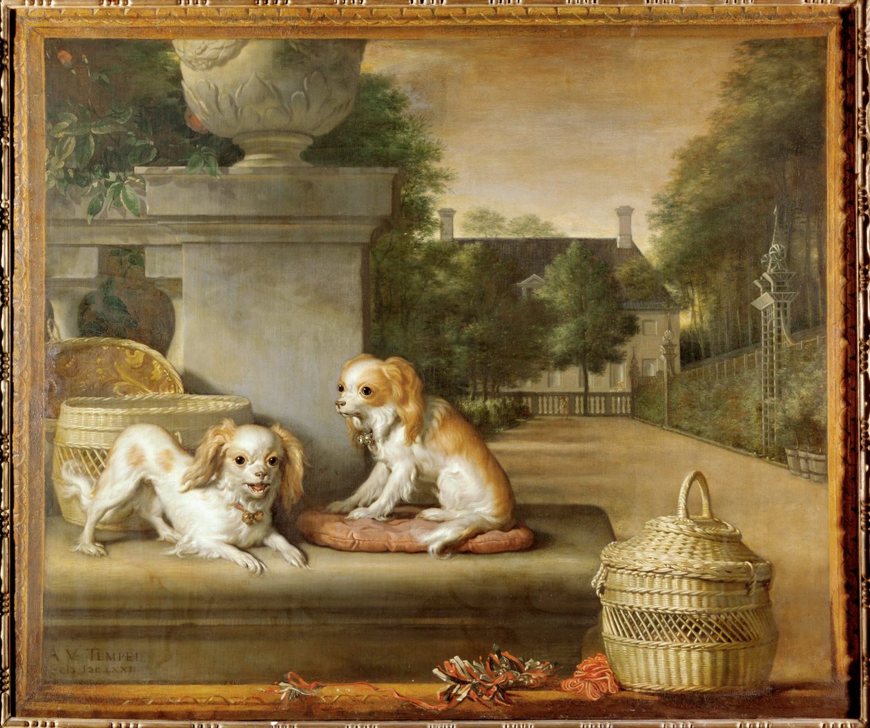 Parkta iki köpek, köpek sepetleri ve bir kır evi by Abraham Lamberts Jacobsz van den Tempel