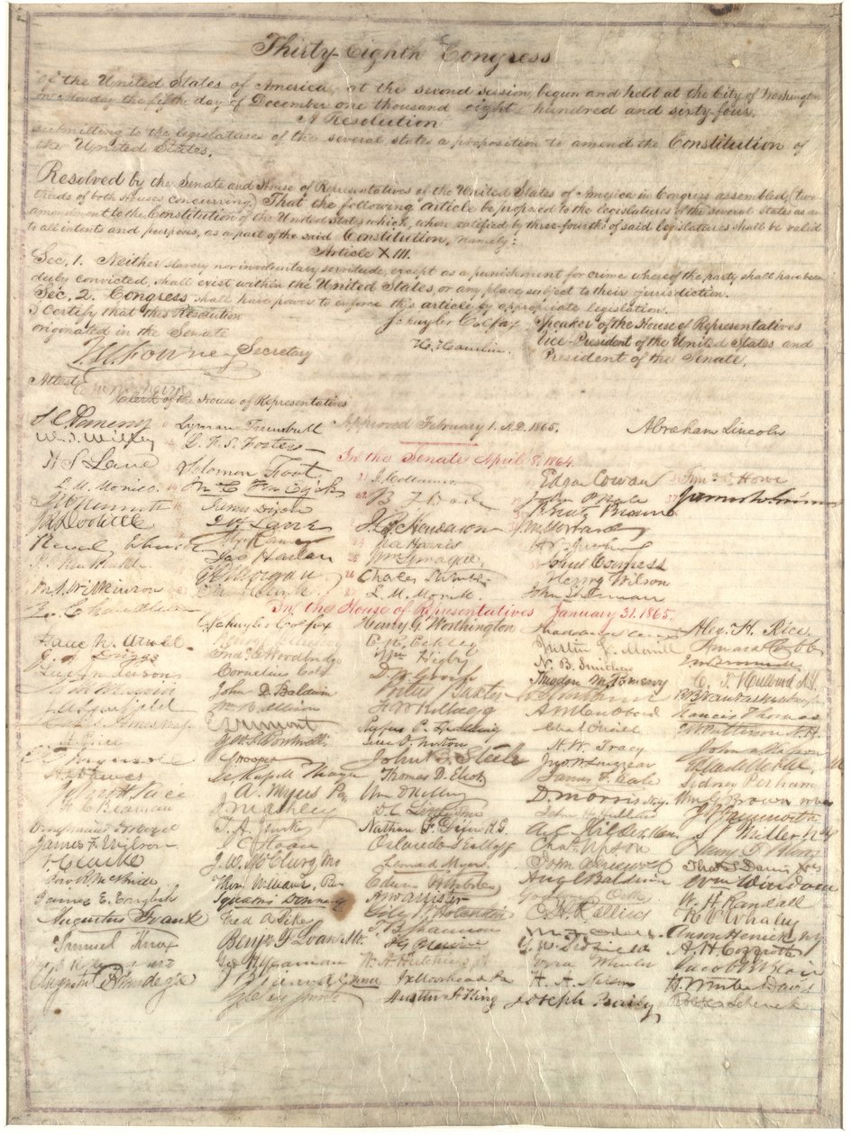 Onüçüncü Değişiklik Kararının Kongre Kopyası, 1 Şubat 1865 (parşömen üzerine mürekkep) by Abraham Lincoln