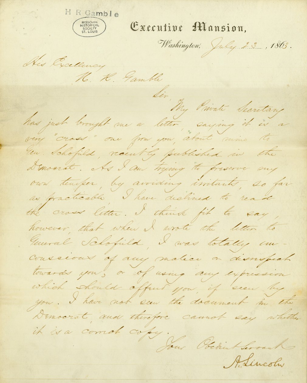 A. Lincoln, Executive Mansion, Washington, Ekselansları, H.R. Gamble