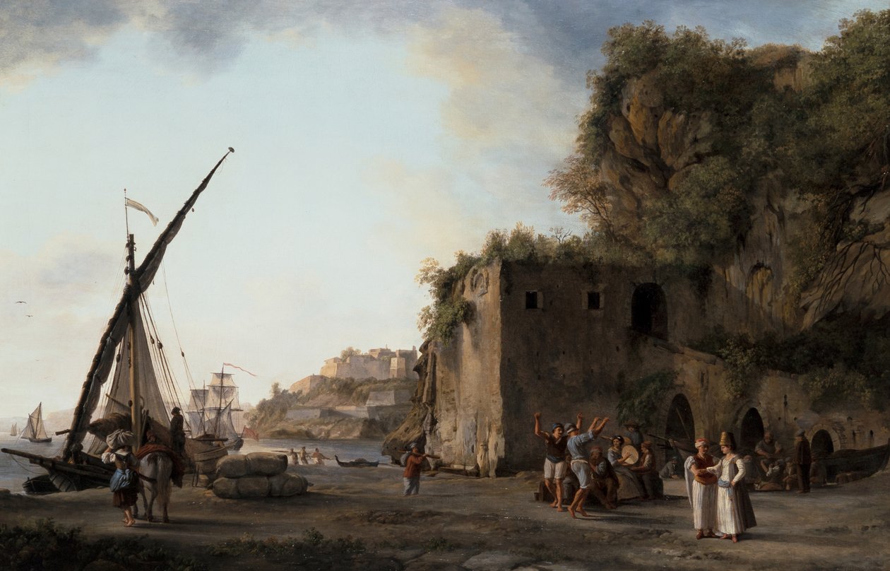 Çift: Tüccarların ve denizcilerin müzik çaldığı liman manzarası by Abraham Louis Rudolph Ducros
