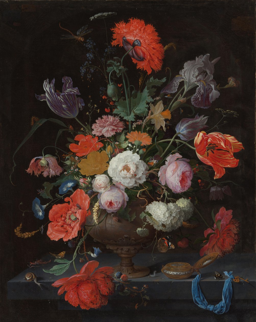 Çiçekler ve Saatli Natürmort by Abraham Mignon