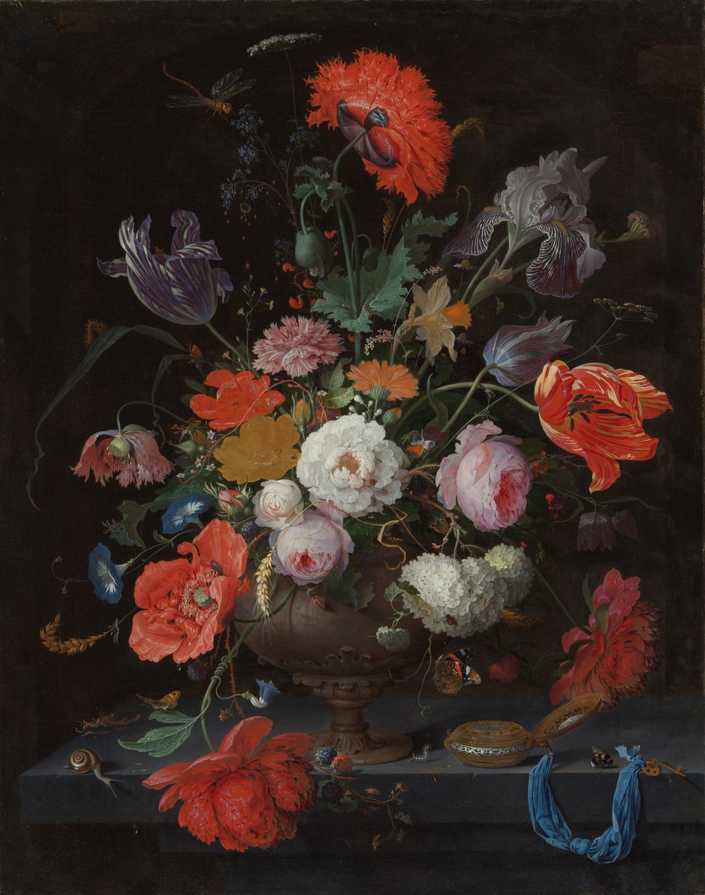Çiçekler ve Saatli Natürmort, c.1660-79 (tuval üzerine yağlı boya) by Abraham Mignon