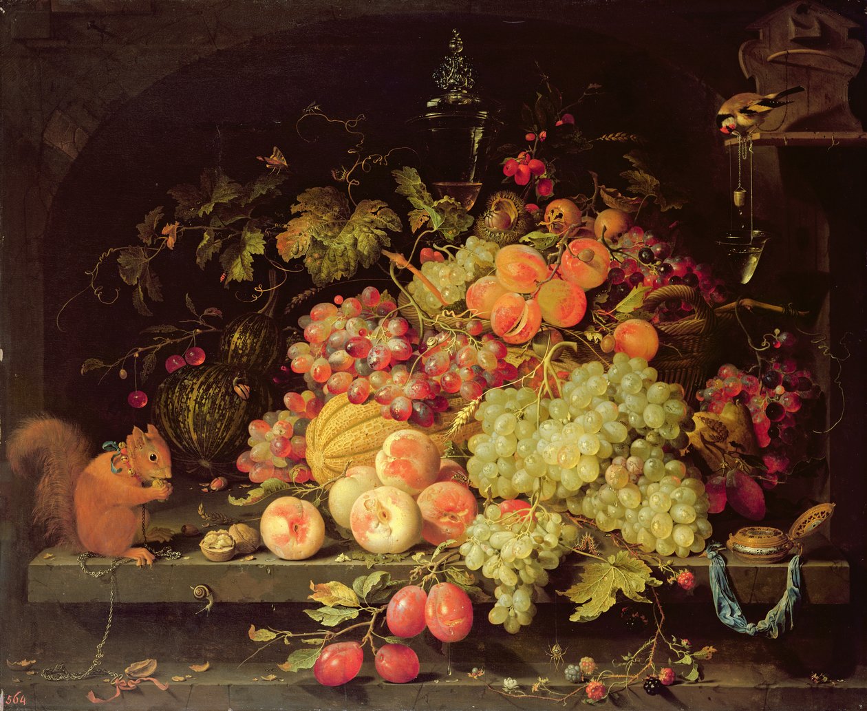 Meyve, Sincap ve Saka Kuşu ile Natürmort by Abraham Mignon