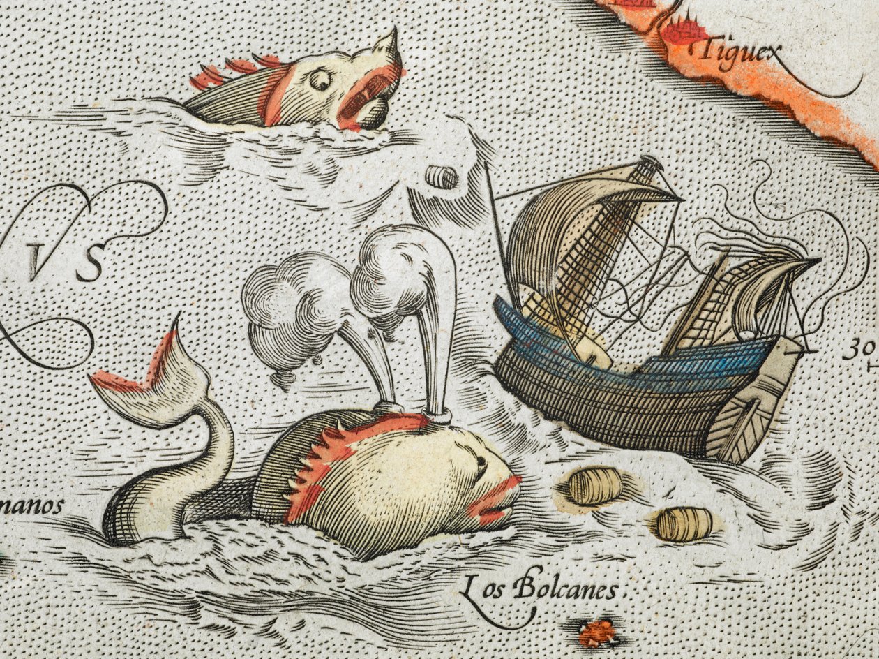 (Detay). Bir gemiye saldıran deniz canavarları. by Abraham Ortelius
