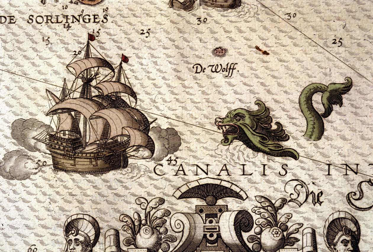 Bir kalyona (karavel) saldıran bir deniz canavarı. Abraham Ortelius, Antwerp 1584 tarafından “Theatrum Orbis Terrarum” da bir haritanın detayı. by Abraham Ortelius