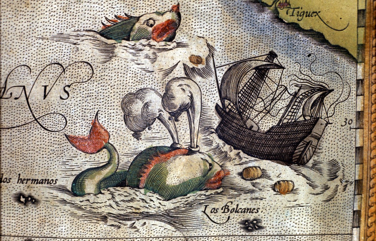 Bir balina bir gemiye saldırır. Haritacı Abraham Ortelius