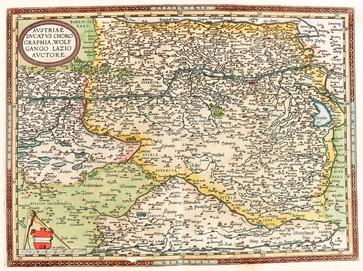 Avusturya Ducatus Chorographia Wolfgango Lazio Auctore Tuna Nehri ve Viyana şehri ile Avusturya topraklarının Abraham Ortelius (Oertel, Ortell veya Ortel) tarafından “Theatrum Orbis Terrarum” dan Coğrafya haritası by Abraham Ortelius