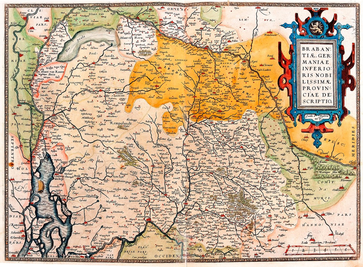 Abraham Ortelius (Oertel, Ortell veya Ortel) tarafından "Theatrum Orbis Terrarum" dan alınan Hollanda Germen (Kempeland) bölgesinin güneyindeki coğrafya haritası by Abraham Ortelius