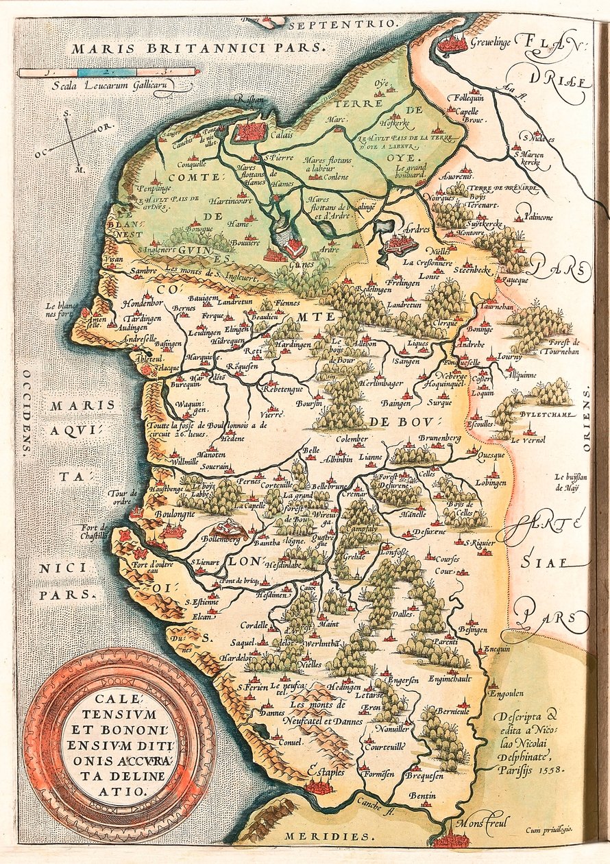 Caletensium et Bononiensium Ditionis Accurata Delineatio Boulonnais bölgesinin (Comte de Boulogne), Artois ve Fransız Flanders (Fransa) coğrafya haritası, Calais, Arches, Greuelinge, Etaples ve Montreuil... by Abraham Ortelius