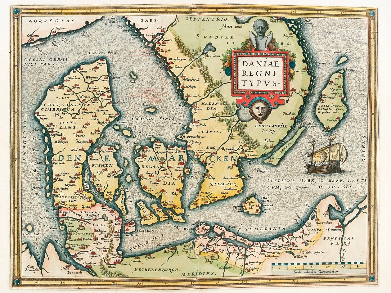 Daniae regni Typus Abraham Ortelius (Oertel, Ortell veya Ortel) tarafından “Theatrum Orbis Terrarum”dan Danimarka ve güney İsveç topraklarının Coğrafya haritası by Abraham Ortelius