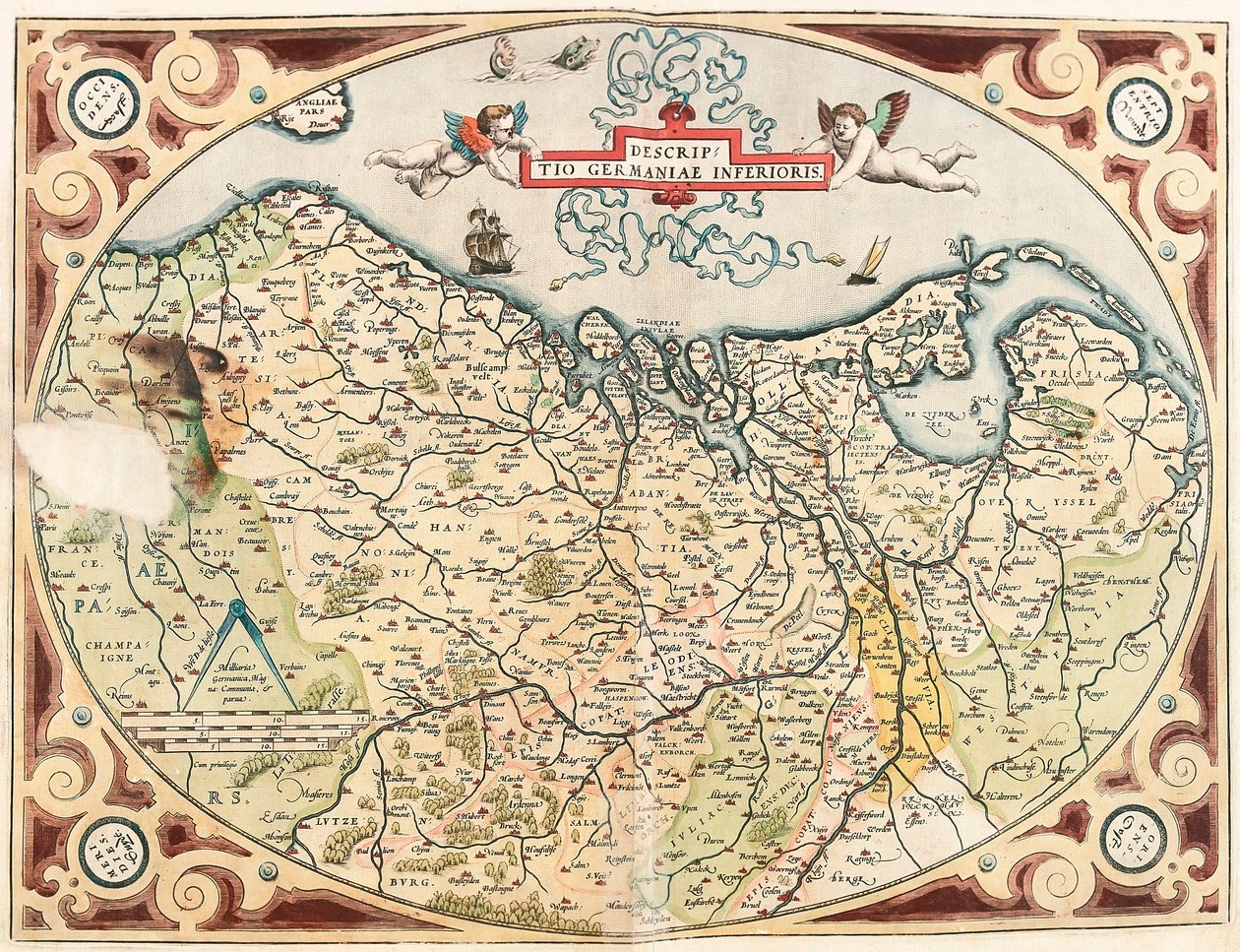 Abraham Ortelius (Oertel, Ortell veya Ortel) tarafından "Theatrum Orbis Terrarum" dan Hollanda Germen bölgesinin Aşağı Almanya Coğrafya haritasının açıklaması by Abraham Ortelius