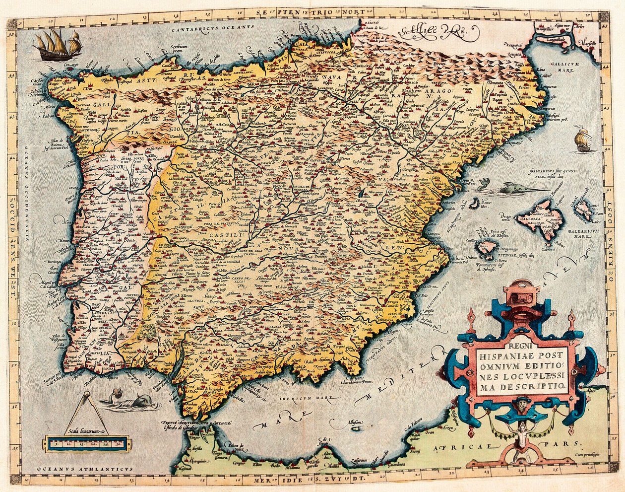 İspanya açıklaması Abraham Ortelius (1527-1598) tarafından "Theatrum Orbis Terrarum"dan coğrafya haritası by Abraham Ortelius