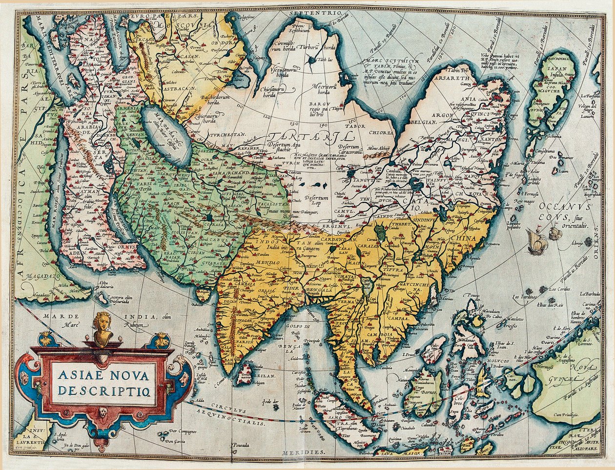 Asya kıtasının tanımı, “Theatrum Orbis Terrarum”dan Coğrafya haritası by Abraham Ortelius