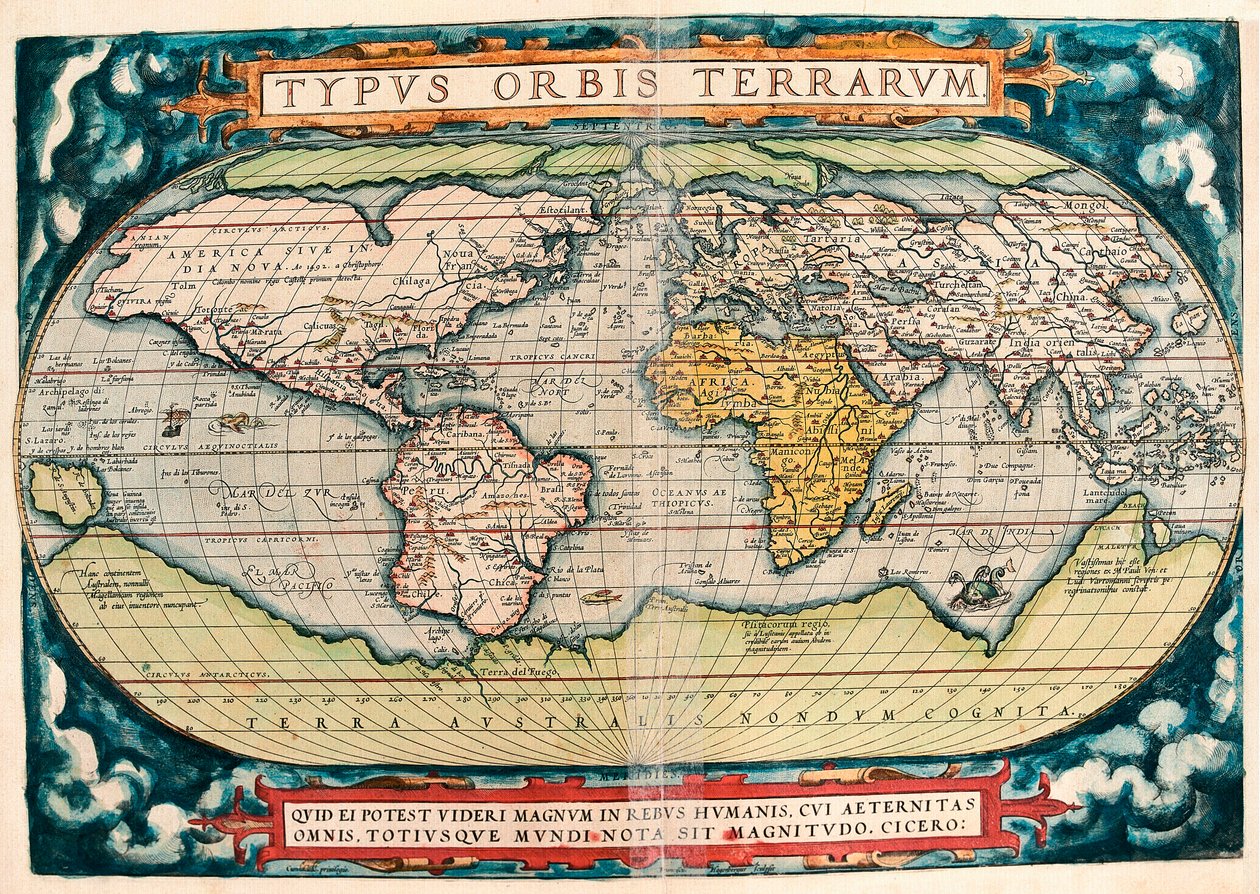 Dünya Haritası (Dünya Haritası) Abraham Ortelius (1527-1598) tarafından “Theatrum Orbis Terrarum”dan Coğrafya haritası by Abraham Ortelius