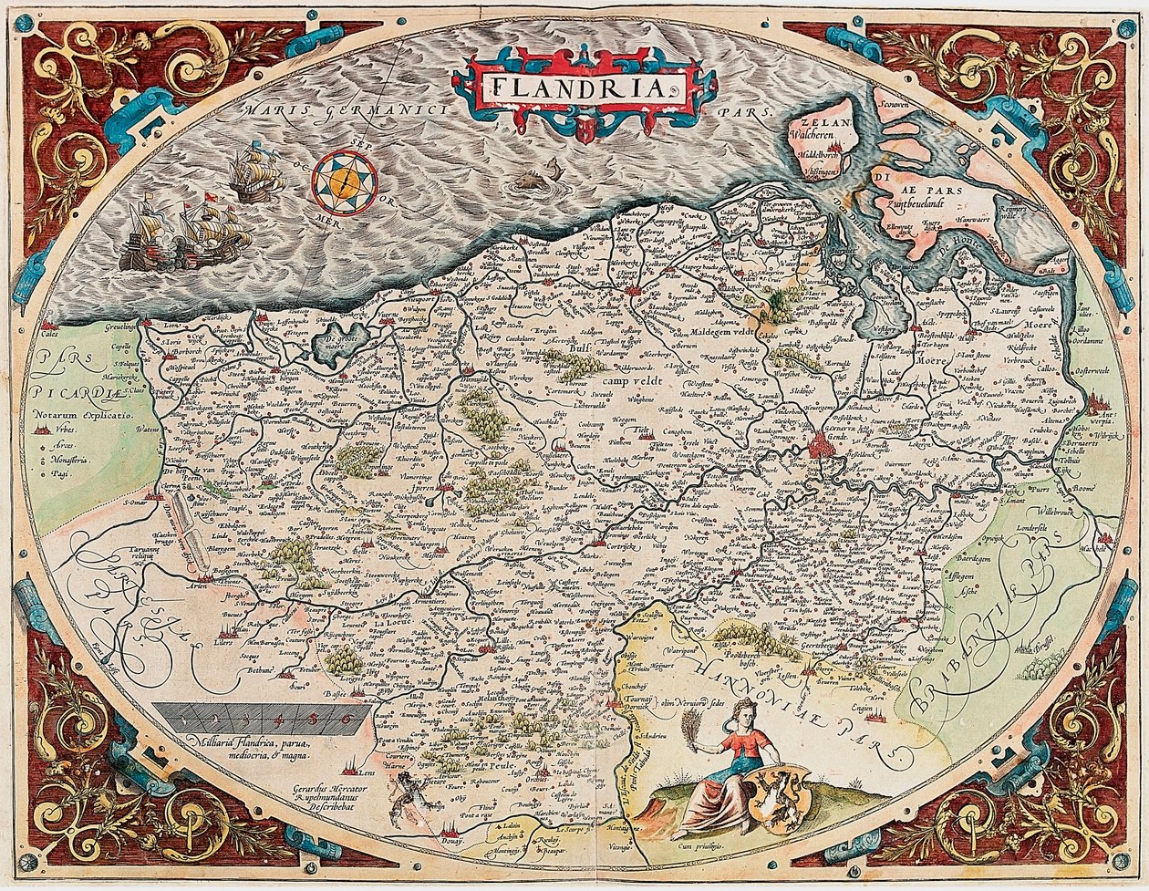 Abraham Ortelius (Oertel, Ortell veya Ortel) tarafından “Theatrum Orbis Terrarum” dan Flandre bölgesinin Flandria Coğrafya haritası by Abraham Ortelius