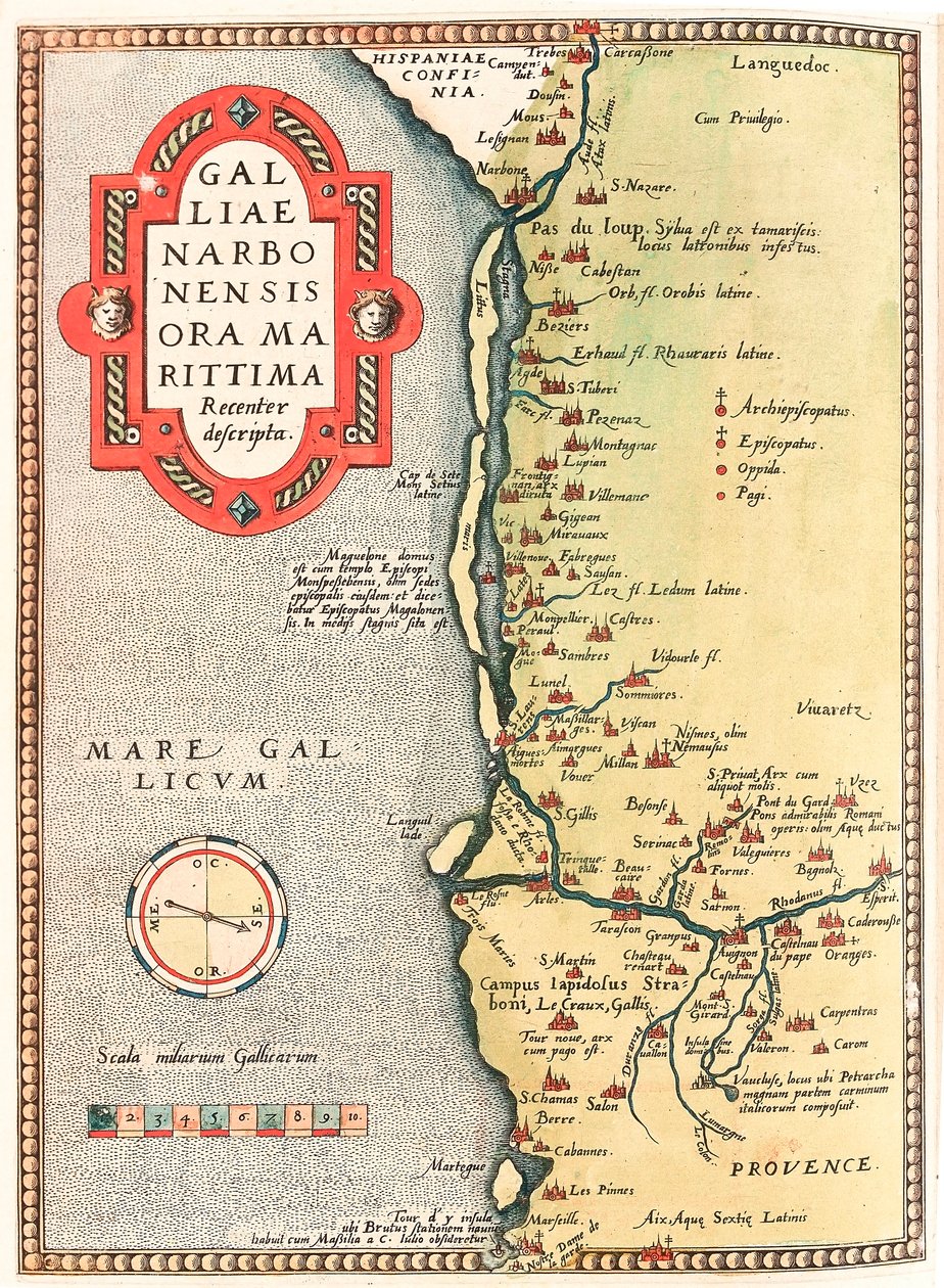 Galliae Narbonensis ora Marittima Son açıklama descripta Abraham Ortelius (Oertel, Ortell veya Or) tarafından “Theatrum Orbis Terrarum”dan alınan Narbonne şehrinden Beziers, Montpellier, Arles üzerinden Marsilya